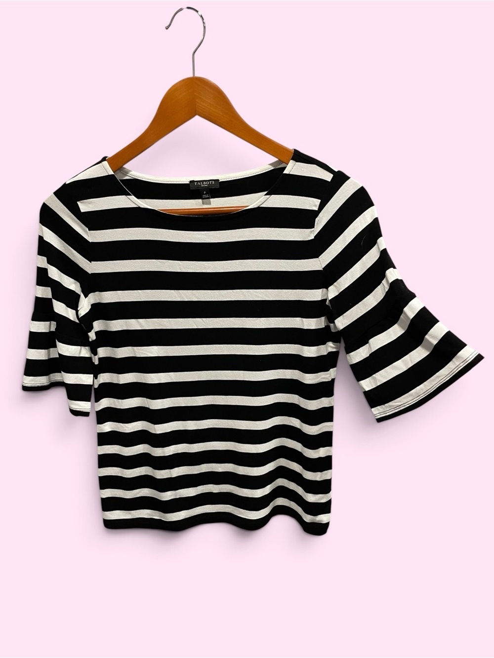 Cute classic striped ruffle sleeve soft top Talbots scoop neck preppy